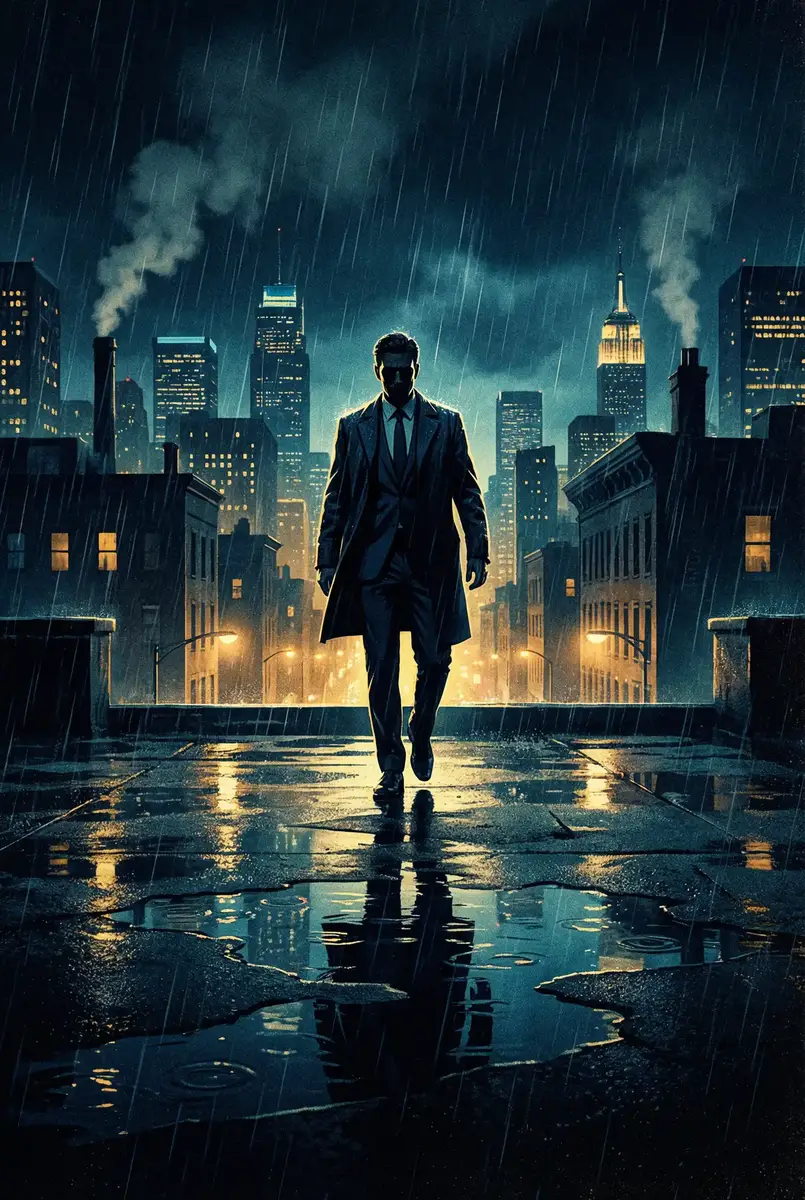 月殒天劫 出品影片《雨夜独行者》海报，雨中城市屋顶男性剪影